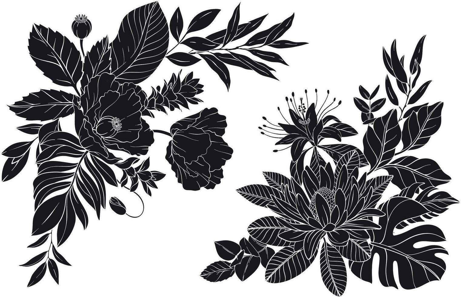 set of silhouette tropical flowers arranged with leaves for a lively composition vector