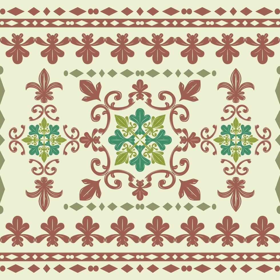 Opulence Delicate Victorian Garden Design Royal Brown Mocha Mousse Tone on Pastel Green Background Luxury Fleur de lis Elaborate Scroll Ornament Border Pattern for Silk Textiles Lace Hand Drawn vector