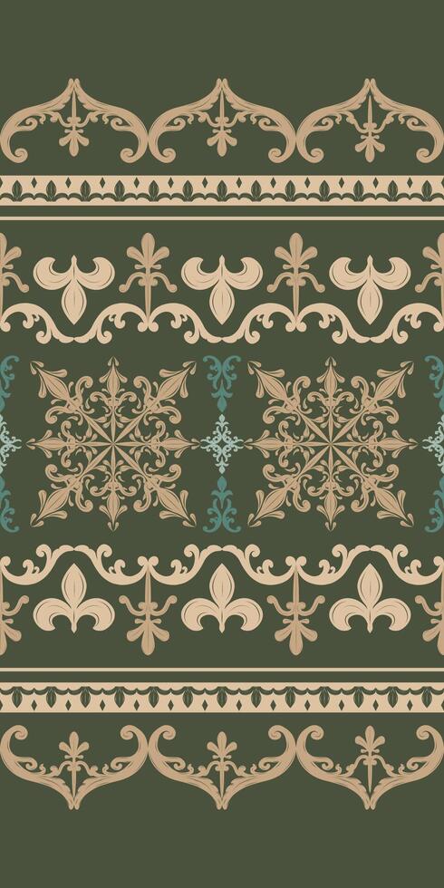 Traditional Ancient of Golden Ages Embroidery On Green Background Pattern. Elaborate Seamless for Luxury Design Apparel, Cushion, Rug, High Fashion. Haute Couture Lily French Hand Draw Textile vector