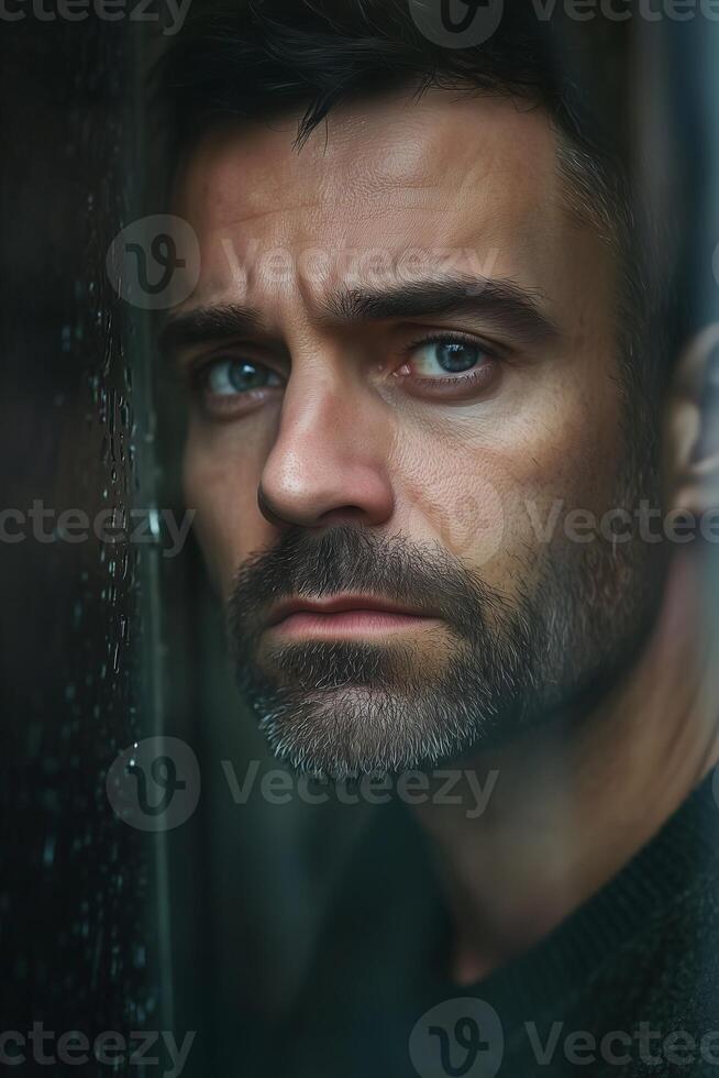 Sad man looking through rainy window during a gloomy day photo