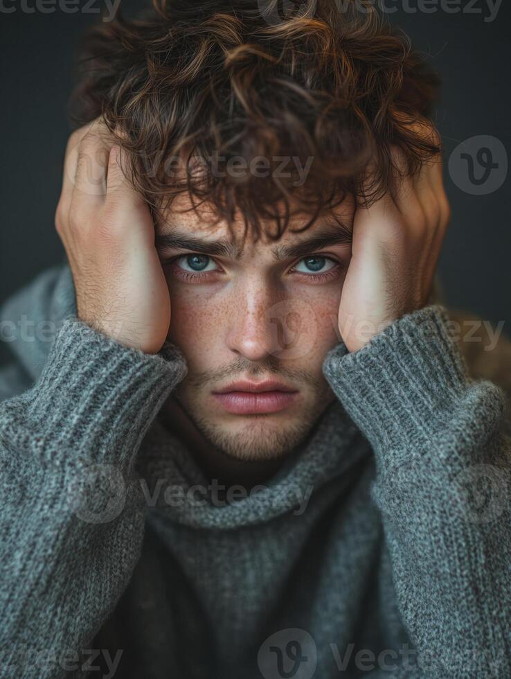 Intense Expression of a Thoughtful Young Man photo