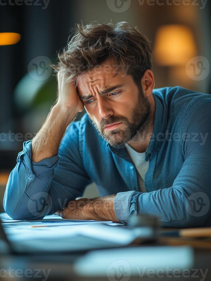 Man Deep in Thought at Work Desk photo