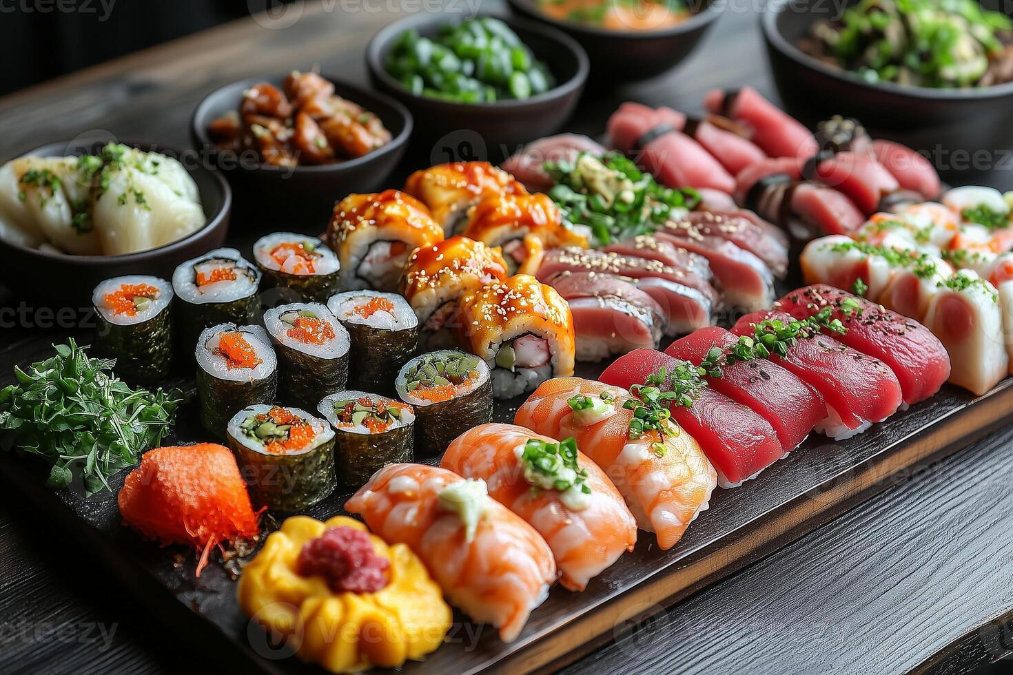 Exquisite Sushi Platter with Diverse Rolls and Nigiri photo