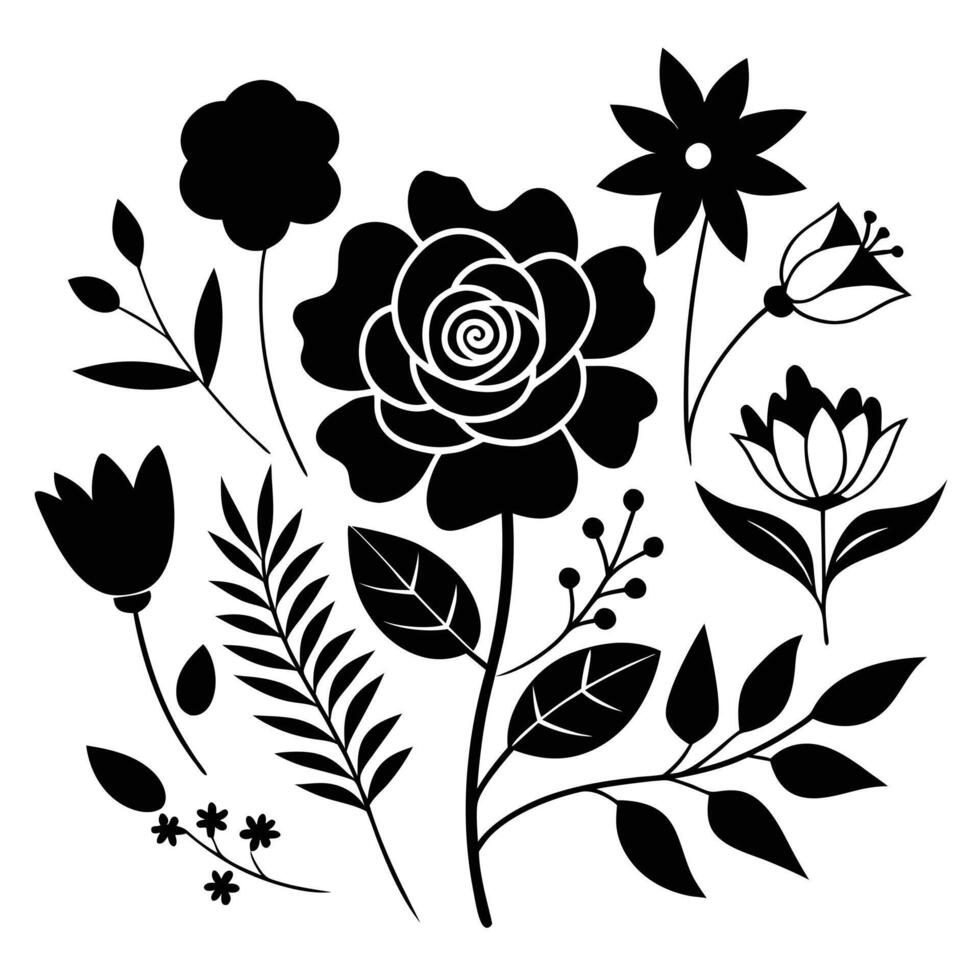 Black and White Floral Line Art Delicate Botanical Illustrations vector