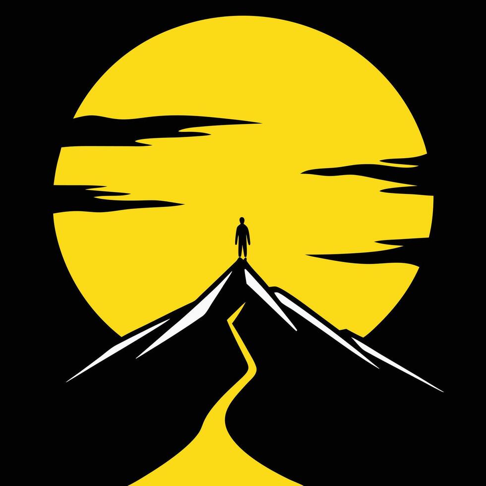 Minimalist Design Featuring a Silhouette of a Person Standing on a Mountain vector