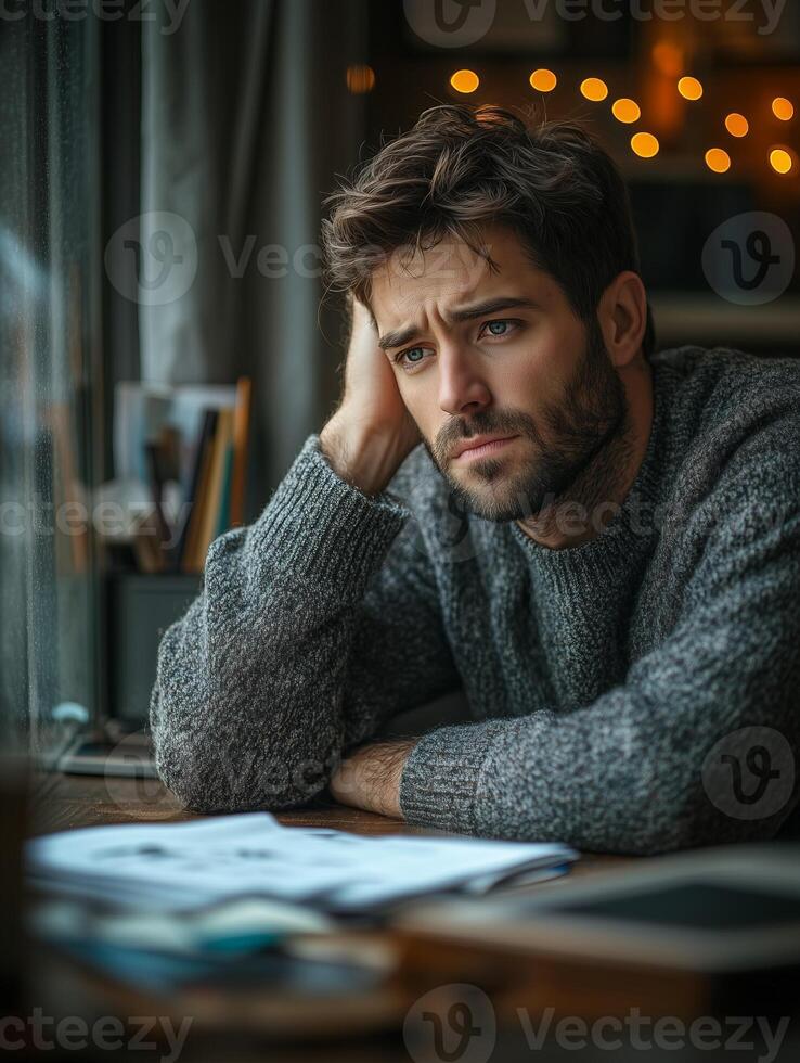 Thoughtful Man Contemplating by Window in Cozy Setting photo