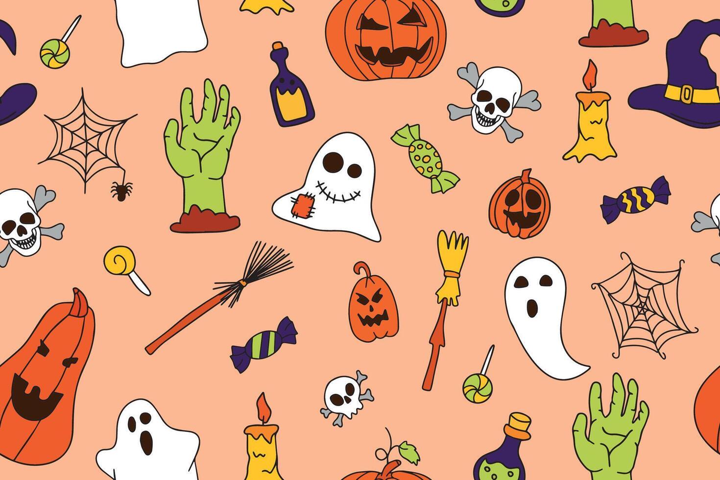 Cute Halloween seamless pattern with spider web, ghosts and pumpkins. Cute doodle design. Jack o lantern set. funny hand drawn doodle, textile graphic design. wallpaper, wrapping paper, background. vector