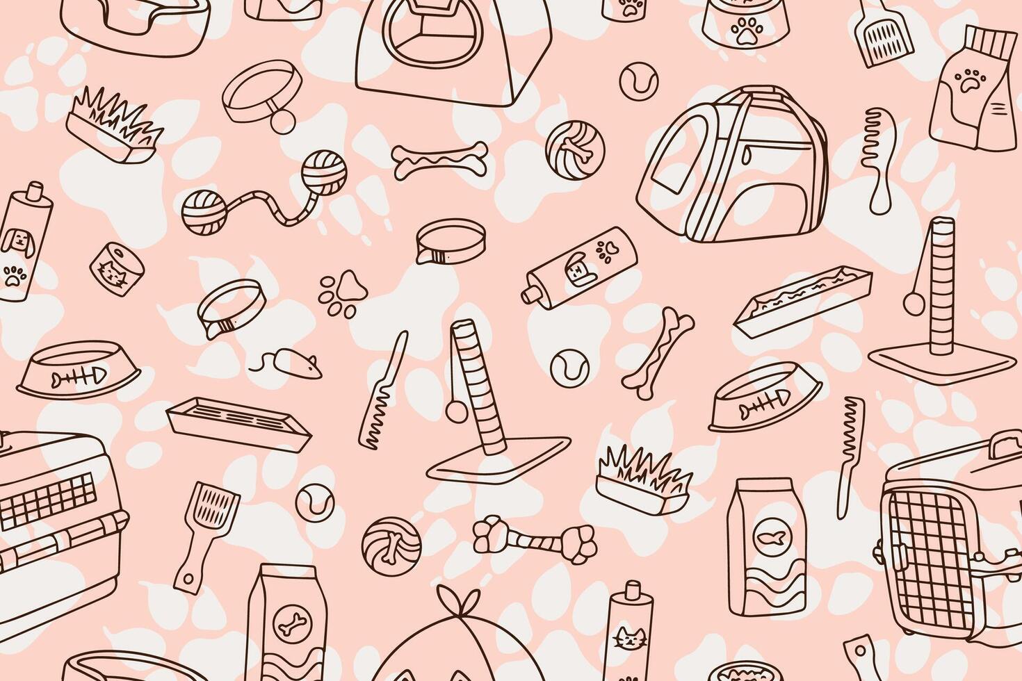 Seamless pattern of hand drawn pet shop assortment in doodle style vector