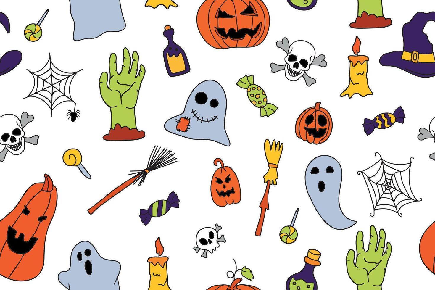 Cute Halloween seamless pattern with spider web, ghosts and pumpkins. Cute doodle design. Jack o lantern set. funny hand drawn doodle, textile graphic design. wallpaper, wrapping paper, background. vector