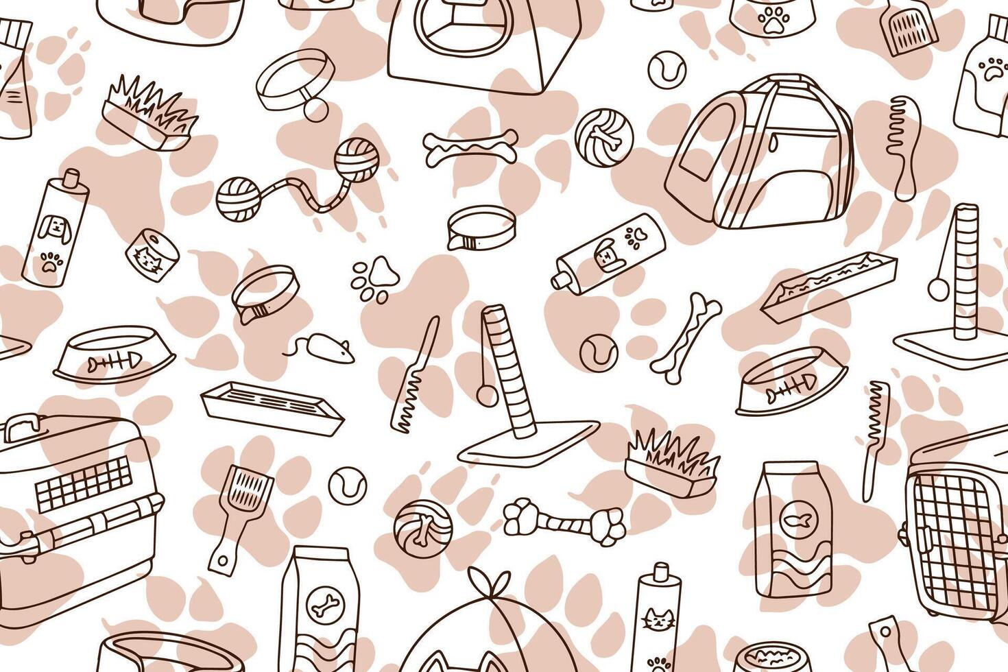 Seamless pattern of hand drawn pet shop assortment in doodle style vector