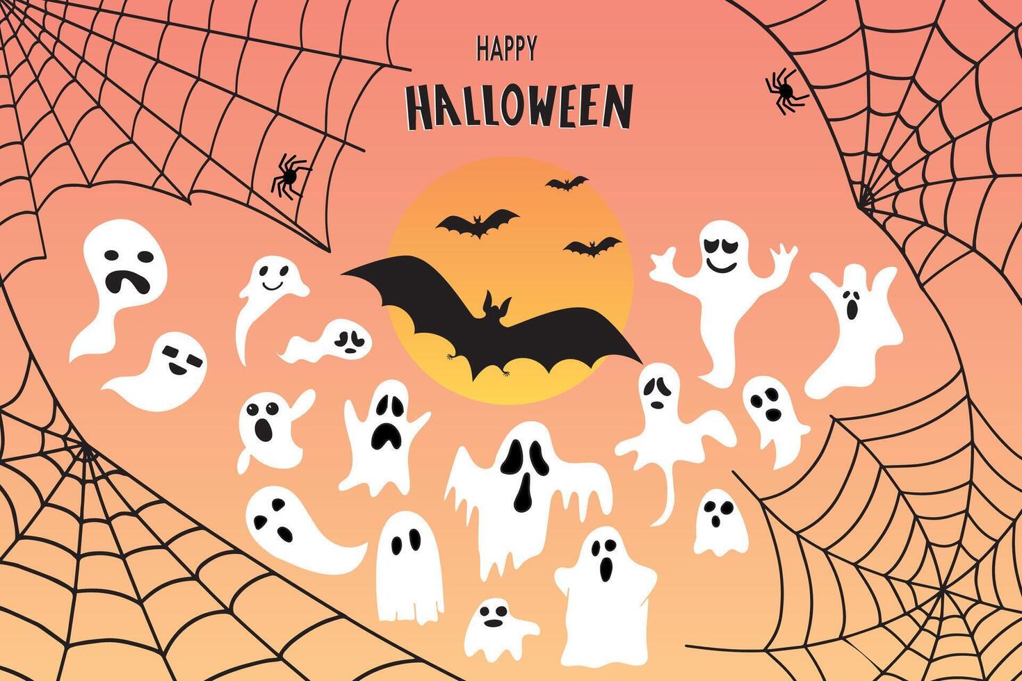 Cute autumn backgrounds with ghosts, spider web, bats. Colorful template for social media post, flyer, postcard design. vector