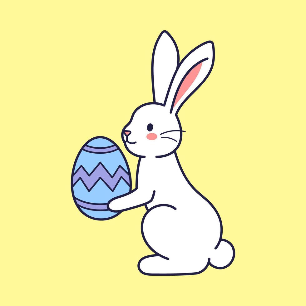 Easter character bunny, rabbit, hare holding painted egg. Flat design, outline illustration. Easter character icon, mascot, sticker. Greeting card, Happy Easter concept vector