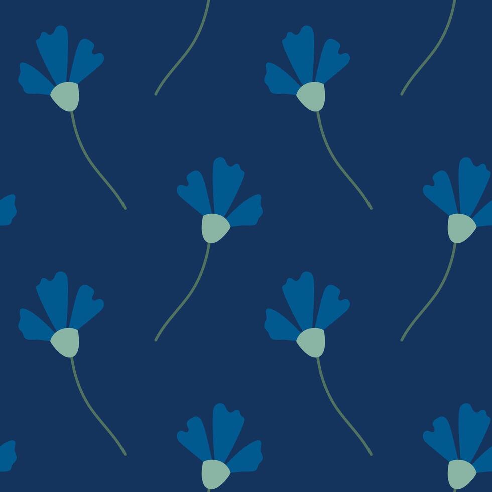 Cornflower seamless pattern. Flower of Knapweed on dark blue background. Doodle style. Hand drawn texture. Fabric design. Flat design vector