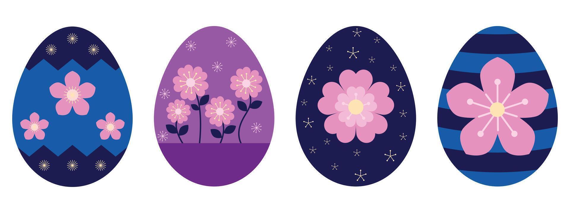 Blue Pink And Purple Easter Eggs With Floral Pattern vector