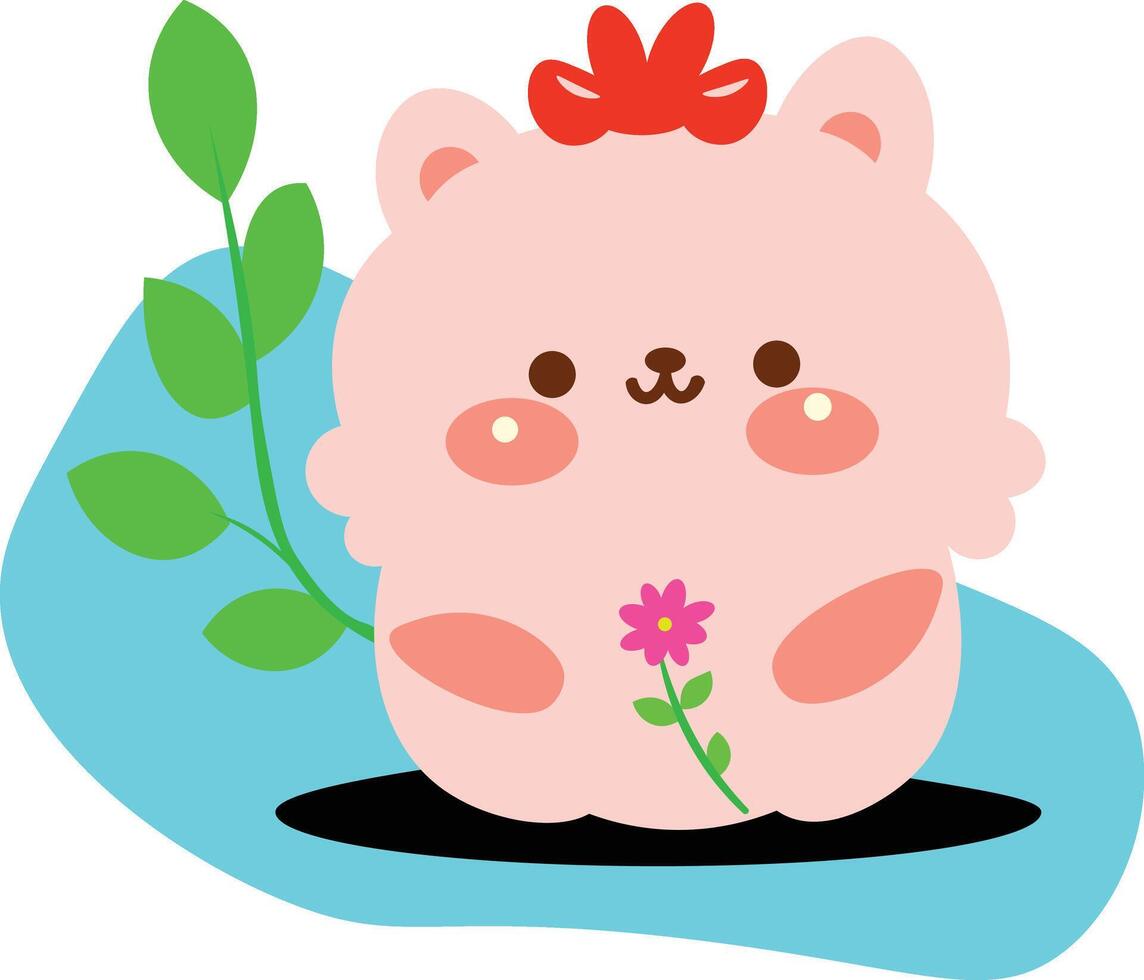 Cute teddy bear taking flower of pink colour with branch of leaves cute panda clipart illustration stylish sticker art vector