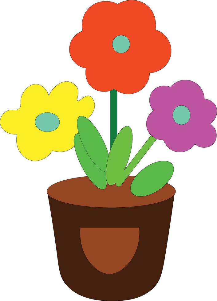 Flower pot art illustration vas with colourful flower with leaves red, yellow, pink flower sticker vector