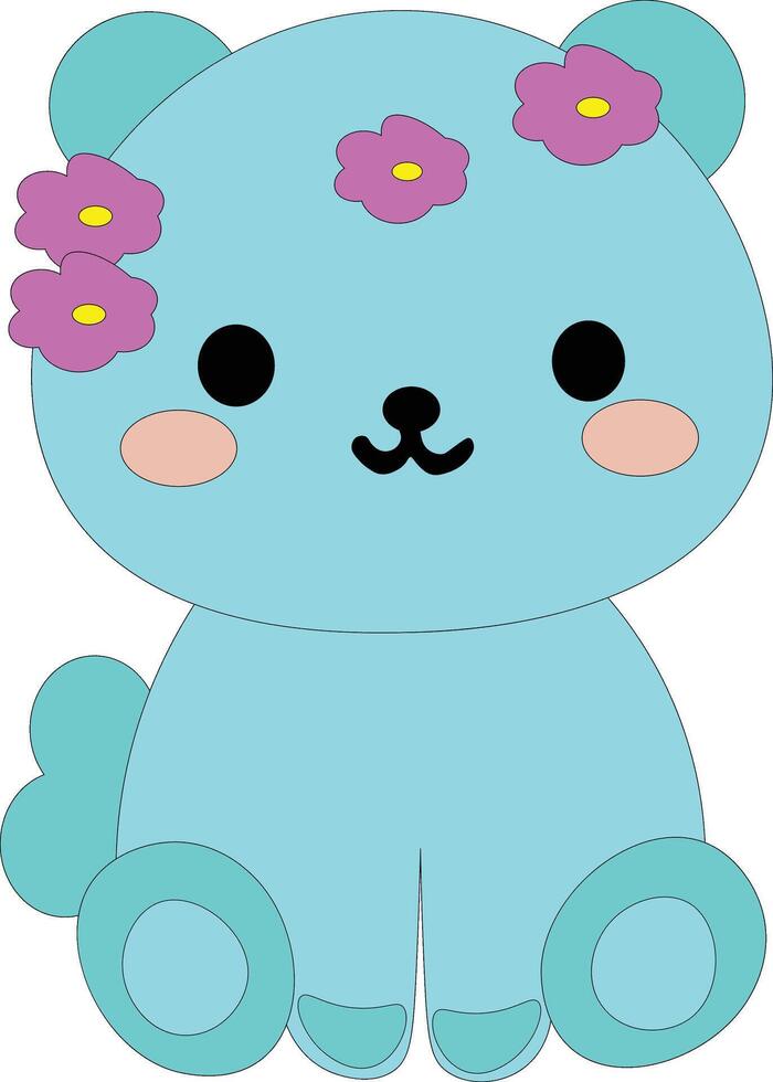 Blue colour teddy bear clipart illustration art cute cartoon character with flower on head sticker print for animation vector