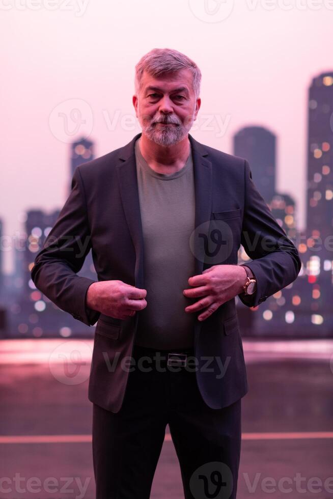 Confident Businessman Unbuttoning Suit in an Urban Cityscape. photo