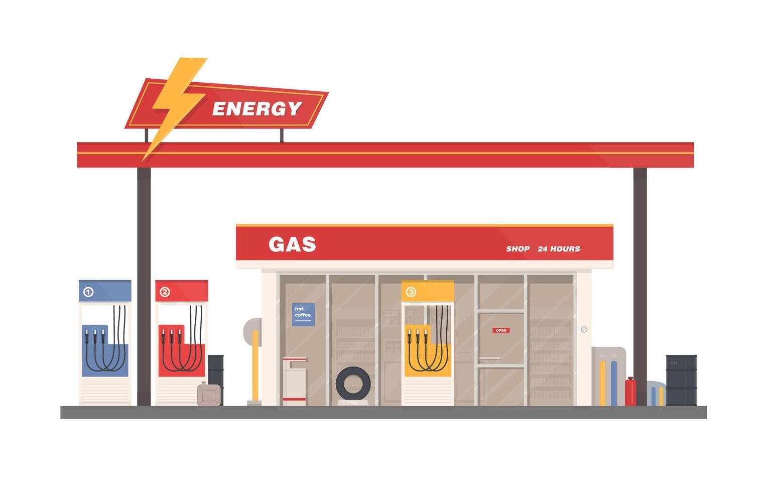 Facade of building of petrol, gas or filling station isolated on white background. Facility selling fuel or gasoline equipped with petroleum pumps. Colorful illustration in flat cartoon style vector