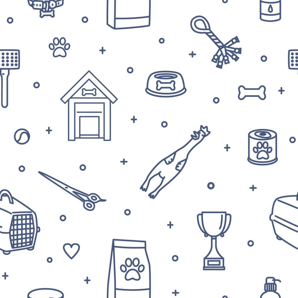 Seamless pattern with items for dogs drawn with contour lines on on white background. Monochrome illustration in modern lineart style for fabric print, wrapping paper, backdrop, wallpaper vector