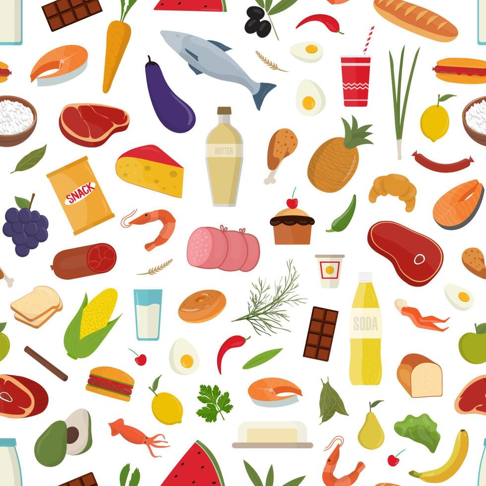 Seamless pattern with grocery food on on white background - fruits, vegetables, milk or dairy products, fish, meat. Colorful illustration in flat style for wrapping paper, fabric print vector