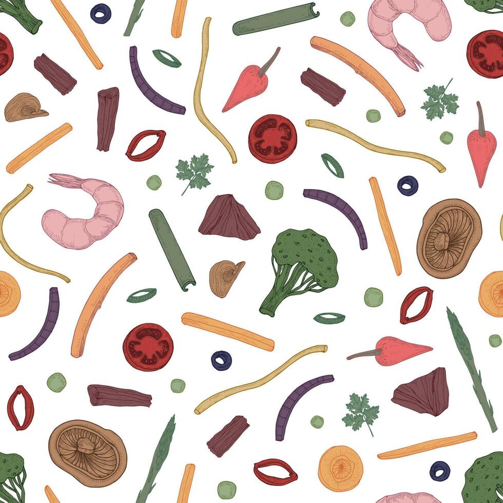 Colorful seamless pattern with sliced food. Backdrop with ingredients for Asian wok meals on black background. Elegant realistic illustration for textile print, wallpaper, wrapping paper vector