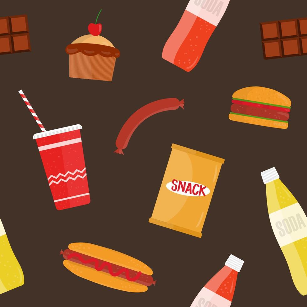 Seamless pattern with fast food meals, snacks and drinks - hotdog, burger, cupcake, soda, chocolate, sausage. Colorful illustration in flat style for wrapping paper, wallpaper, backdrop vector