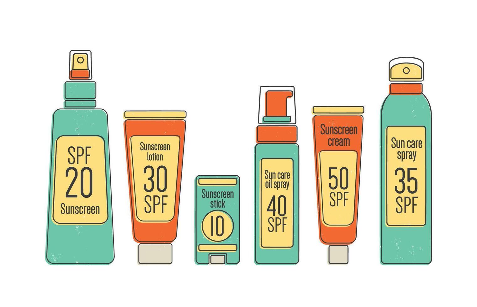 Bundle of SPF sun protection cosmetics in various package isolated on white background. Collection of packaging for sunscreen. Set of tan products in bottles and tubes. Colorful illustration vector
