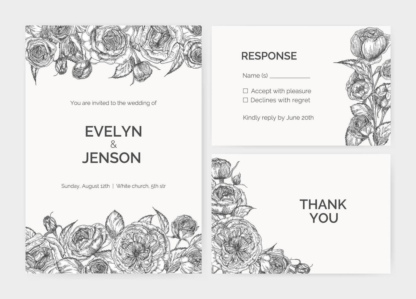 Set of elegant wedding invitation, response card and thank you note templates decorated by Austin rose flowers hand drawn with contour lines on white background. Romantic illustration. vector