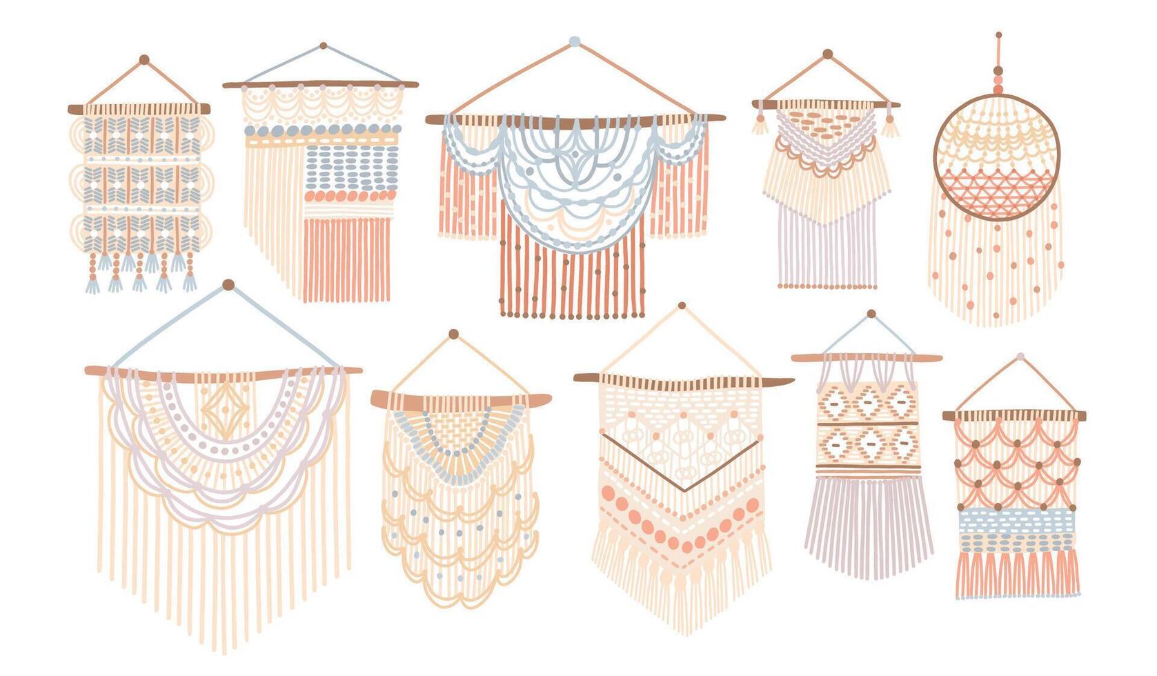 Collection of macrame wall hangings. Bundle of elegant handmade home decorations made of cotton cord isolated on white background. Colorful hand drawn illustration in flat cartoon style vector