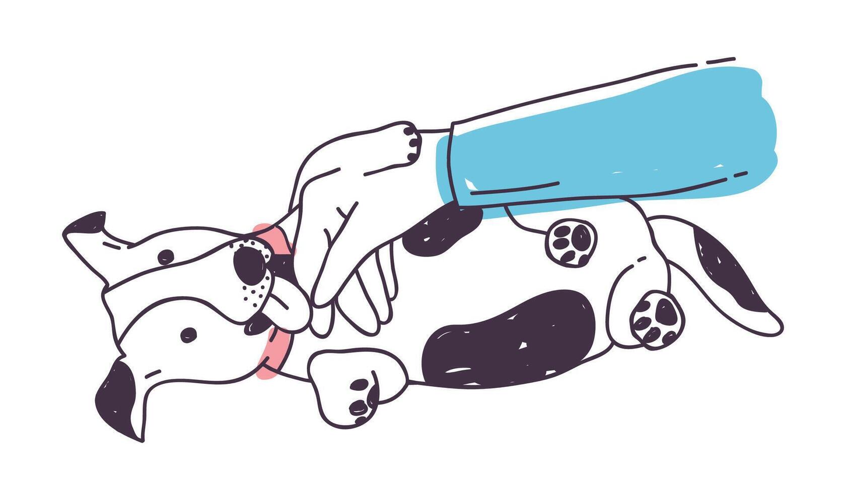 Cute dog playing with owner's hand and licking it. Funny playful puppy or doggy lying on floor isolated on white background. Adorable domestic animal or pet. Colorful hand drawn illustration vector