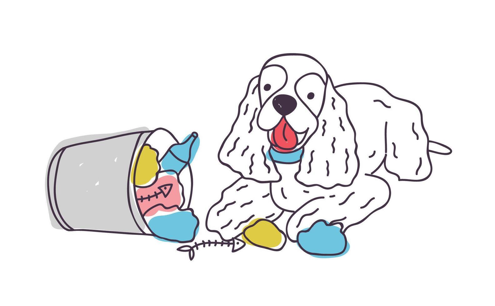 Cheerful dog dumped trash out of litter bin or bucket. Naughty puppy scattered garbage isolated on white background. Disobedient behavior of domestic animal. Colorful hand drawn illustration vector