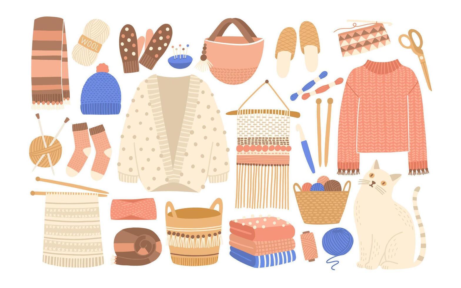 Collection of winter knitted clothes and knitting tools isolated on white background - woolen jumper, cardigan, scarf, hat, mittens, socks, needles, hook, yarn. Flat cartoon illustration vector