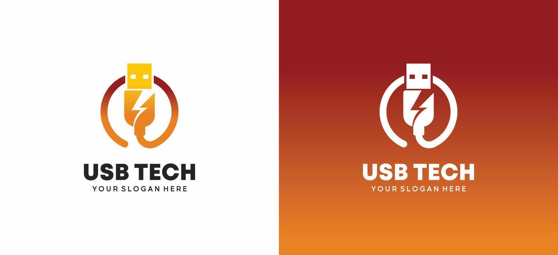 Cable usb plug logo design in circle with electricity icon. Universal serial bus cable vector