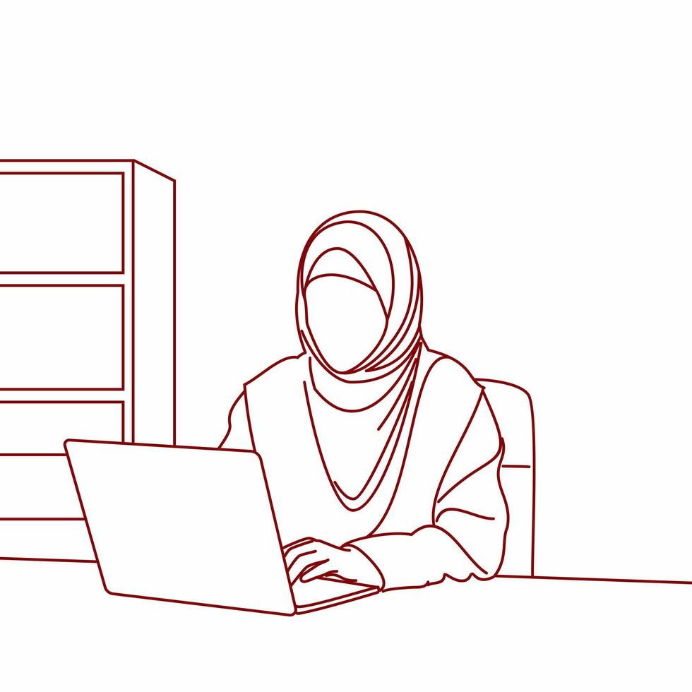 Line art illustration of Muslim woman working with laptop in office vector
