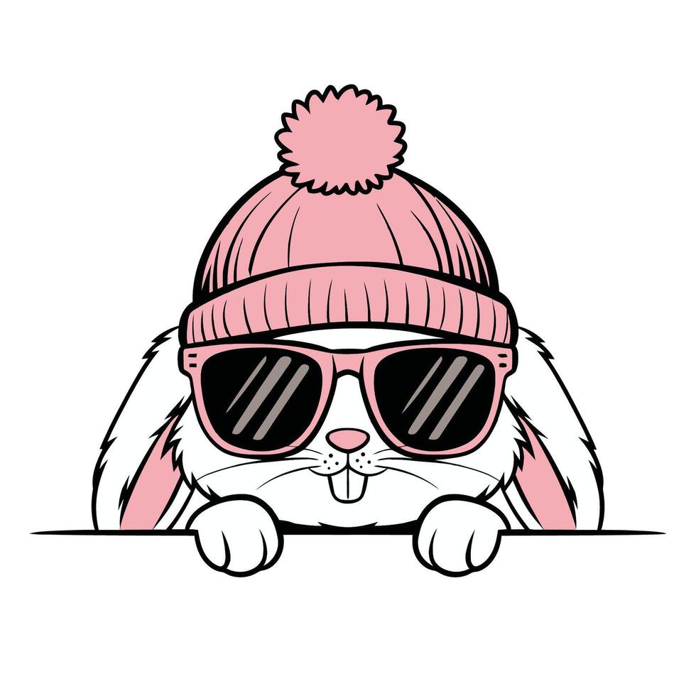 Cute Bunny Peeking in Pink Hat and Sunglasses vector