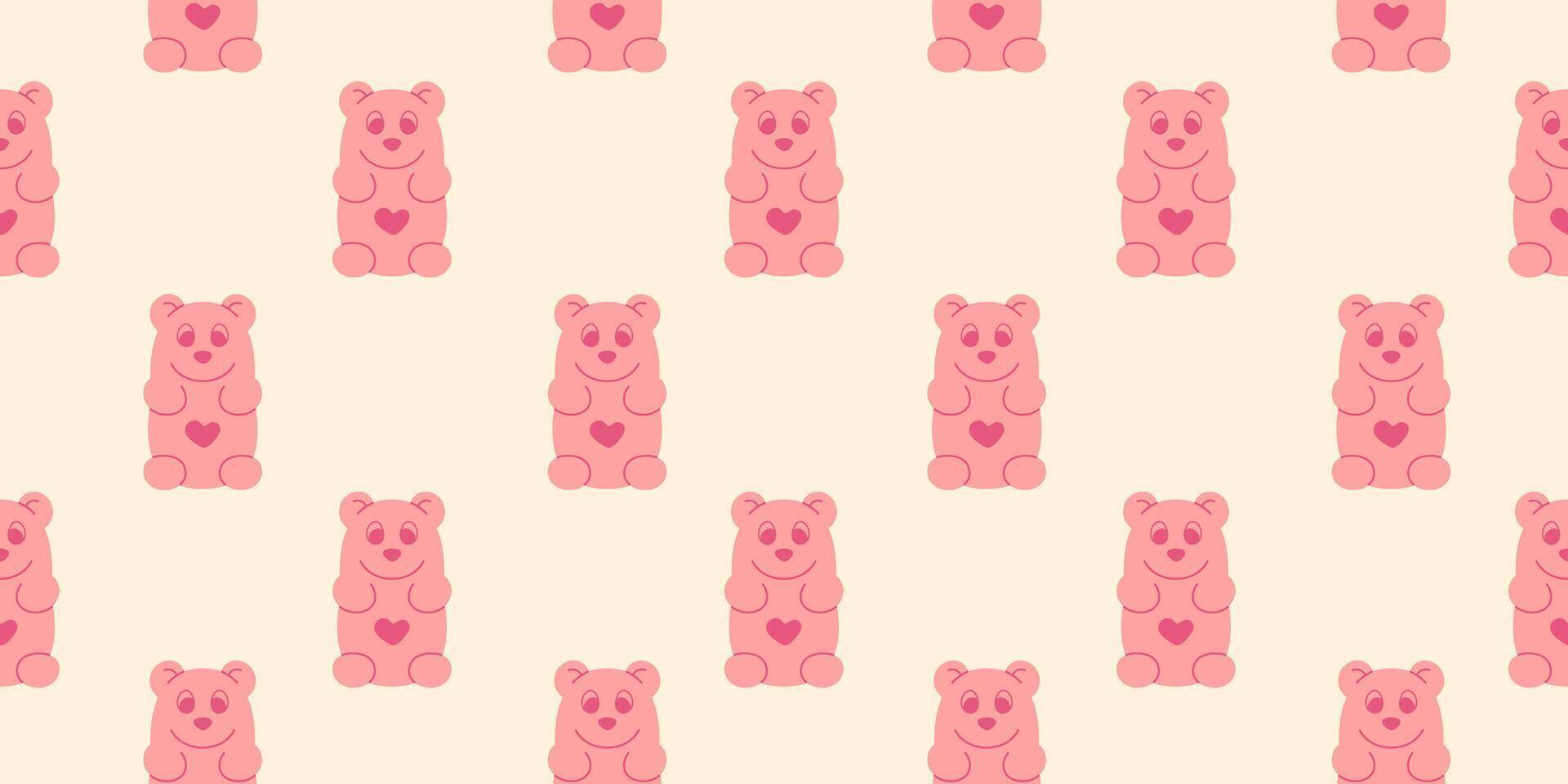Seamless pattern with pink gummy bears on beige background. Sweet doodle jelly, candy design background in soft pastel colors for fabric print, textile, wrapping paper, cover, backdrop, wallpaper. vector