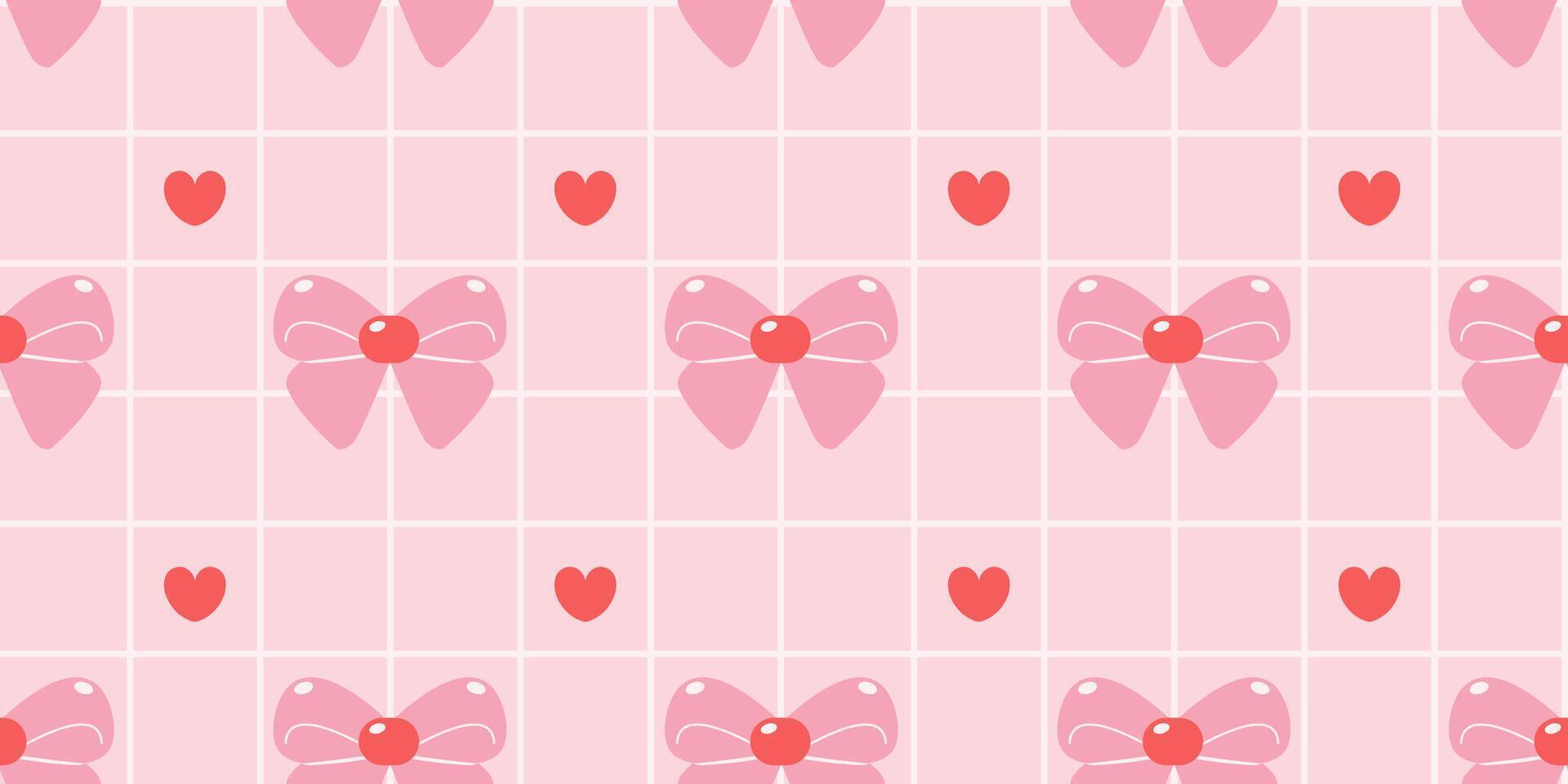 Fashion y2k background with pink bows and red hearts. Trendy checkered seamless pattern, aesthetic illustration in 2000s for textile, wrapping paper, fabric, wallpaper, cover, print design. vector