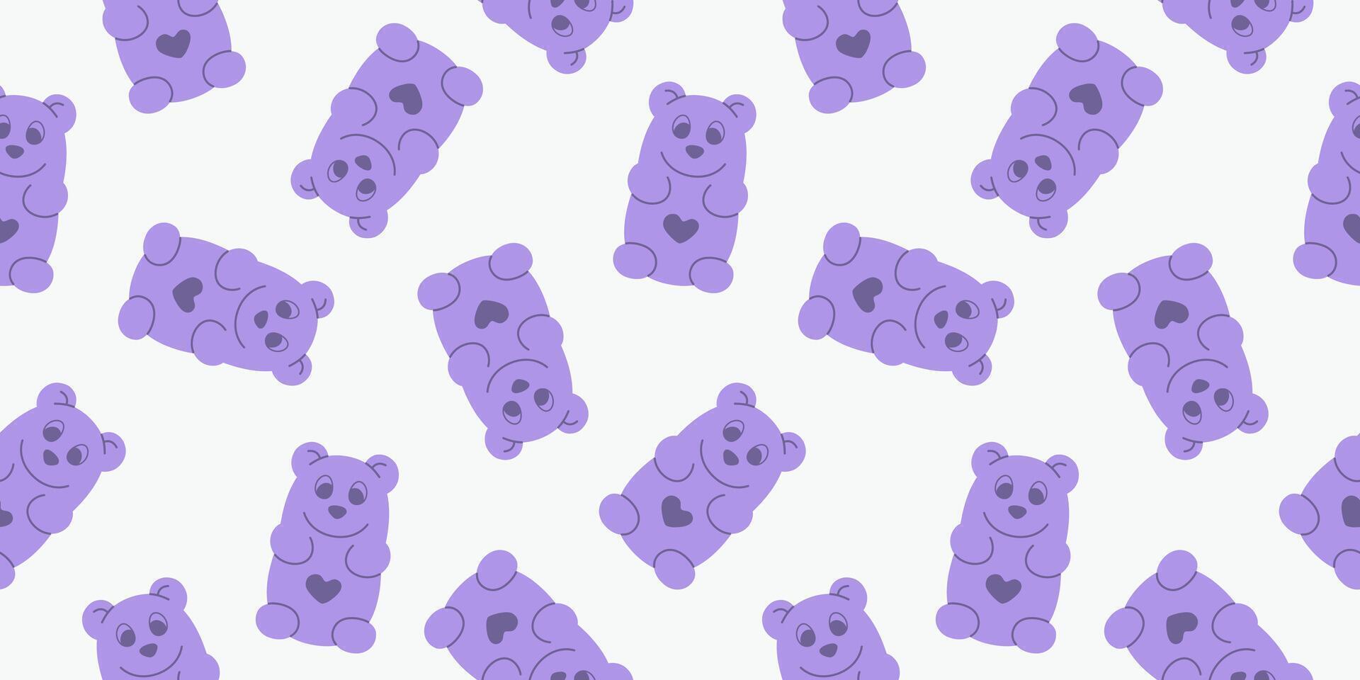 Purple gummy bears seamless pattern. Soft pastel colored background with doodle jelly character, sweet marmalade print for fabric, textile, wrapping paper, cover, backdrop, wallpaper. vector