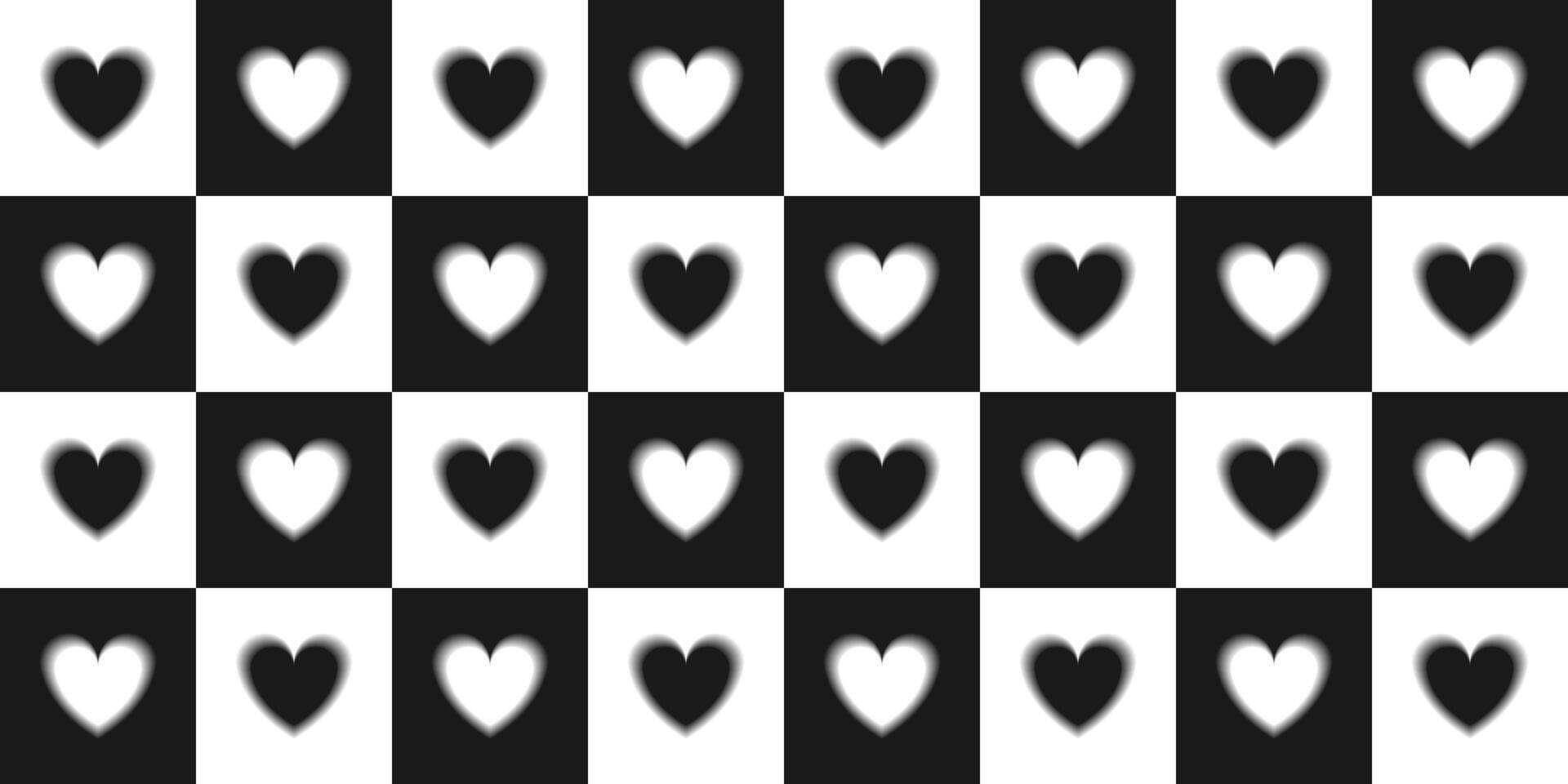 Checkerboard love seamless pattern. Black and white blurry gradient hearts with aura glow effect. Romantic background 2000s for wallpaper, fabric, print design, textile, wrapping paper vector