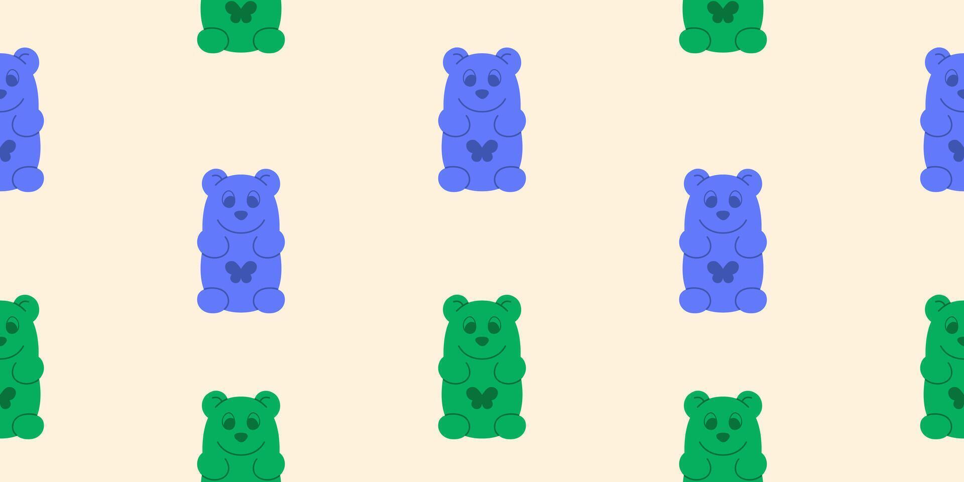 Seamless pattern of blue and green gummy bears on a beige background. Minimal candy print design with doodle bear character for fabric, textile, wrapping paper, cover, backdrop, wallpaper. vector
