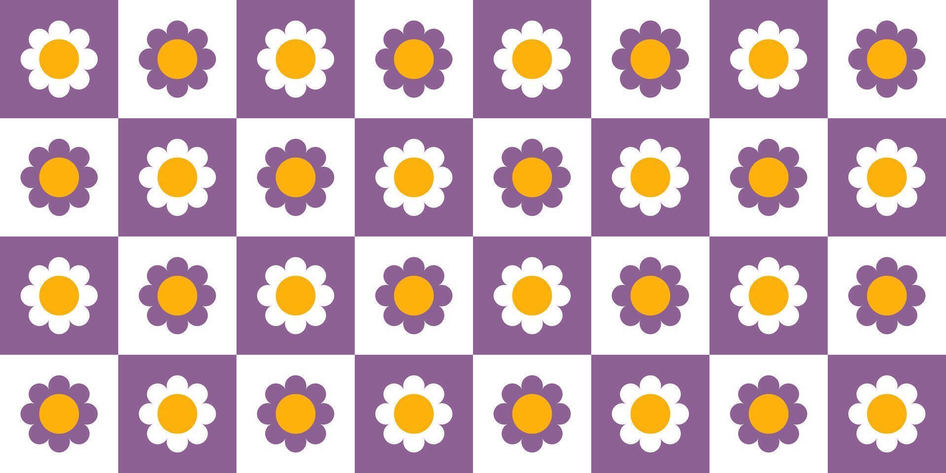 Checkered seamless pattern with daisy flower. Floral design background with purple and white squares for textile, wrapping paper, fabric, cover, wallpaper, backdrop, print. vector
