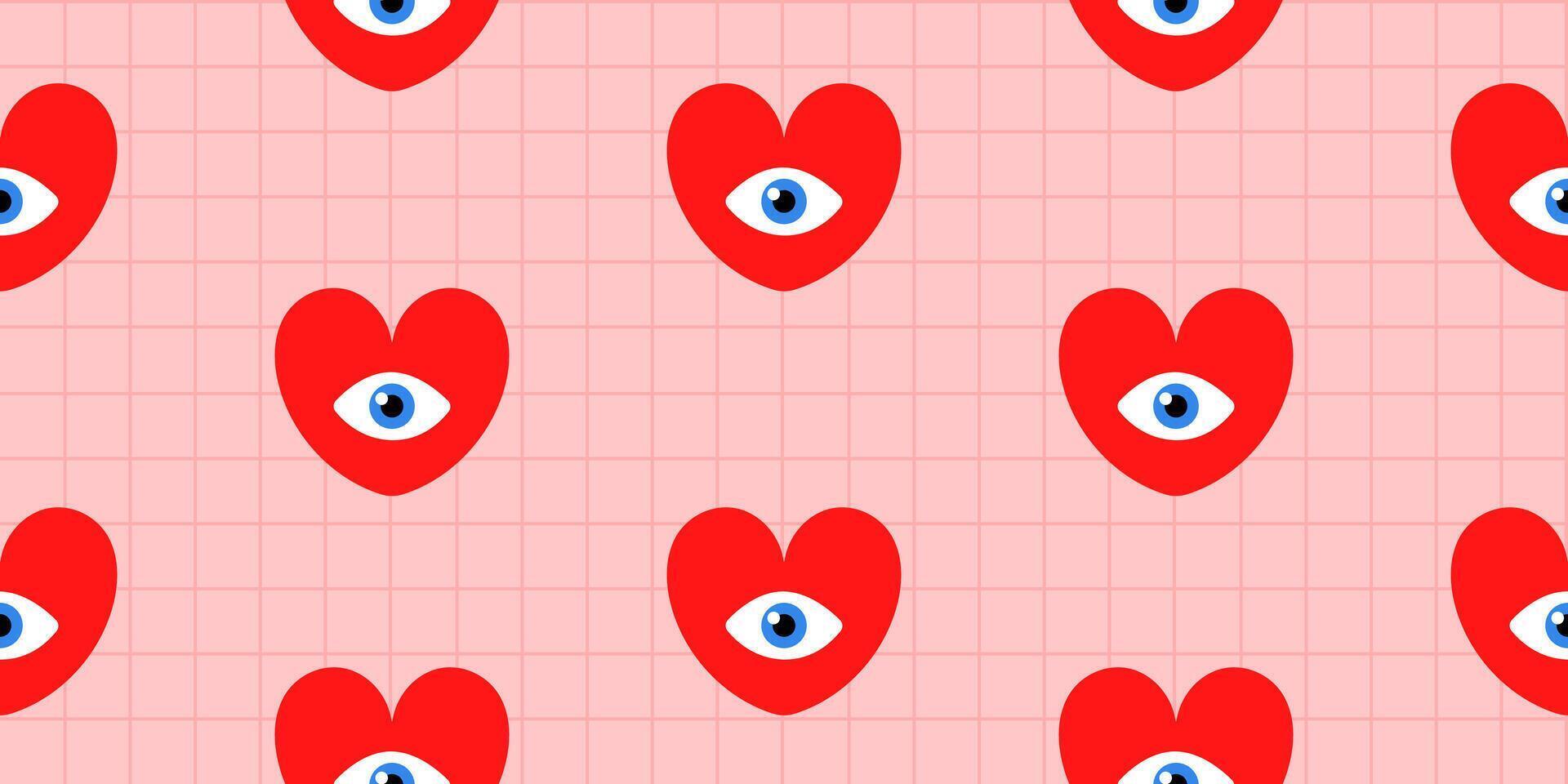 Red heart with open eye inside seamless pattern. Retro magic design in y2k style. Esoteric squared illustration for textile, background, wrapping paper, fabric, wallpaper, cover vector