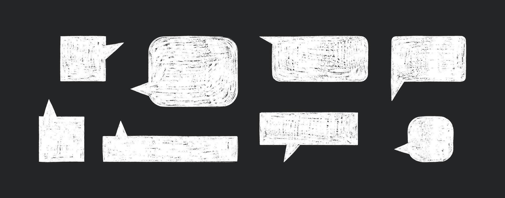Chalk chat messages collection. Crayon rectangular dialogue clouds in white color, grunge speech bubbles. vector