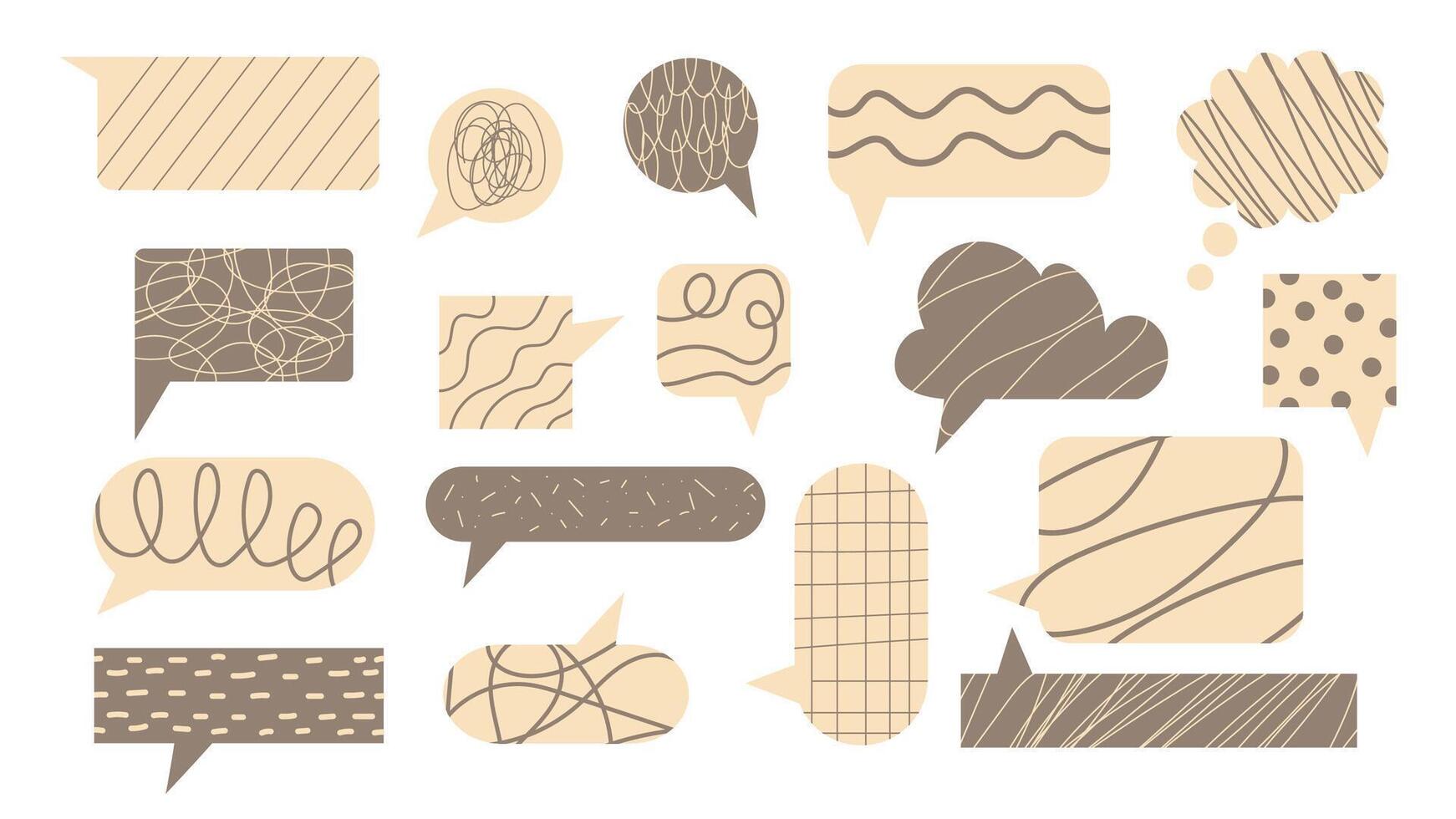 Retro pastel speech bubbles collectiont. Talk cloud icon in beige colors, sticker with scribble drawn texture inside. vector