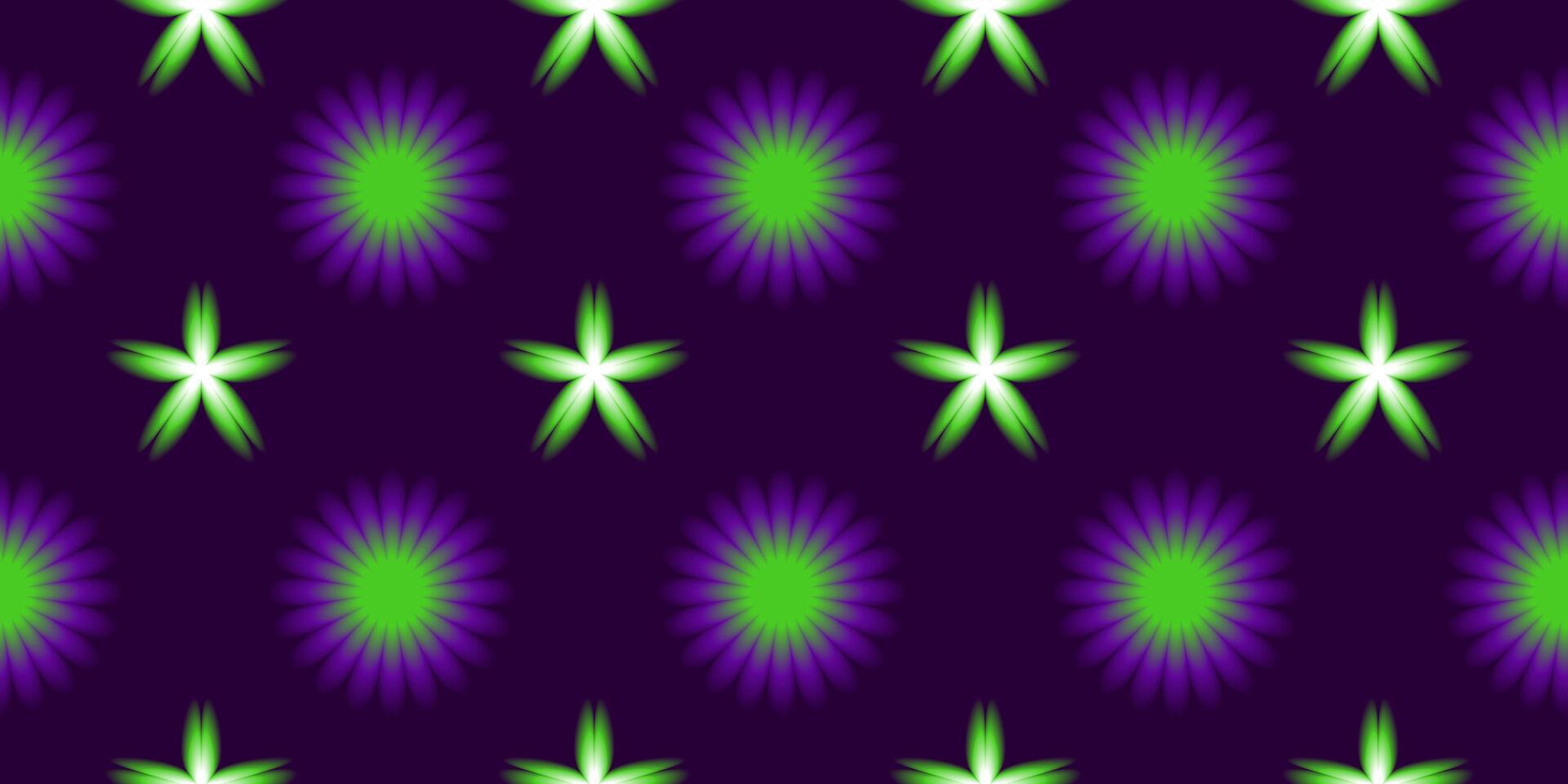 Aura gradient seamless pattern with purple and green flowers on dark background. Blurry effect, y2k design illustration for textile, wrapping paper, fabric, wallpaper, cover. vector