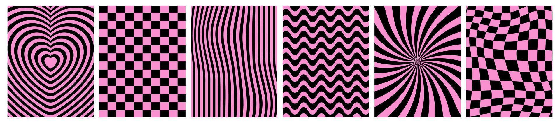 Collection of groovy hippie backgrounds in pink, black colores. Twisting, heart tunnel, psychedelic checkerboard backdrop, distorted posters, templates. vector