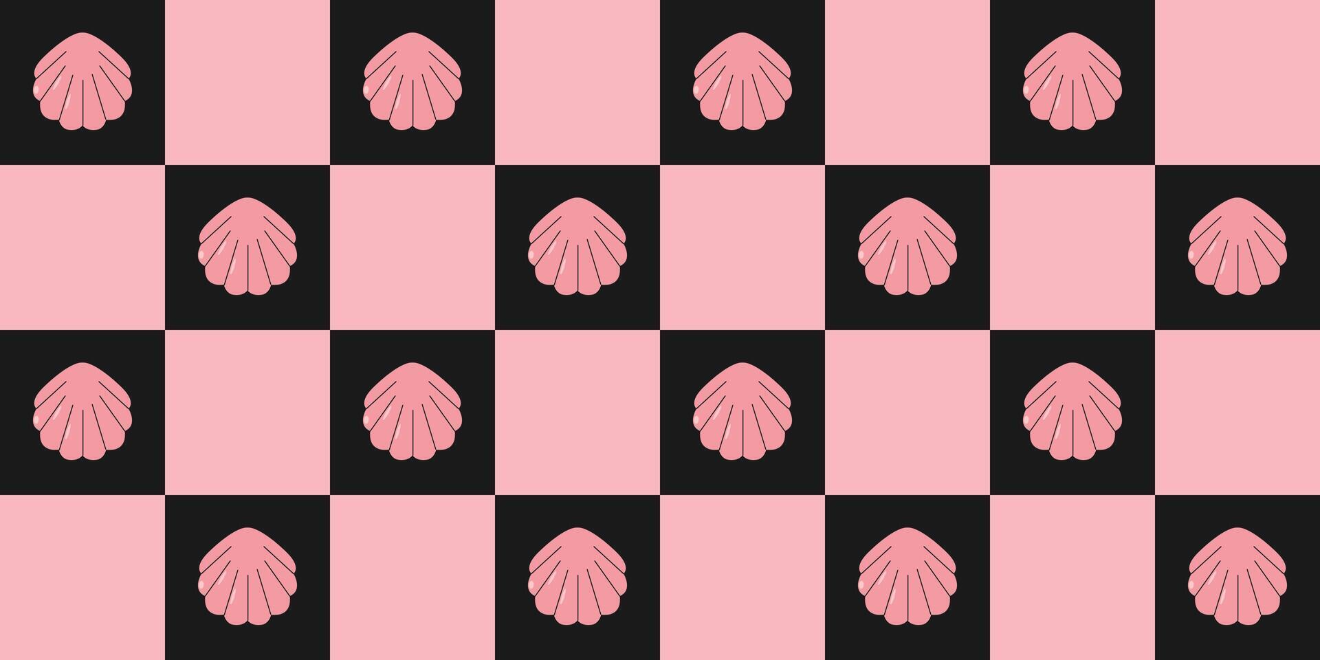 Retro checkered black and pink seamless pattern with seashells. Modern design background for backdrop for textile, wrapping paper, fabric, cover, wallpaper, print. vector