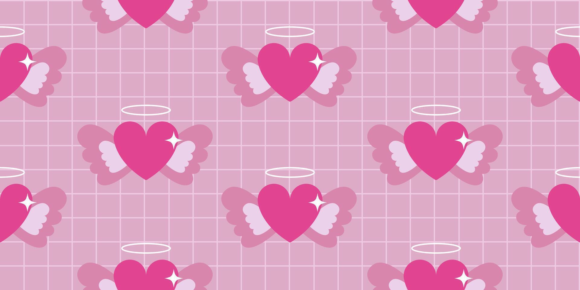 Heart with nimbus and angel wings y2k seamless pattern. Trendy retro design background. Nostalgic 90s, 2000s illustration for textile, wrapping paper, fabric, wallpaper, cover vector