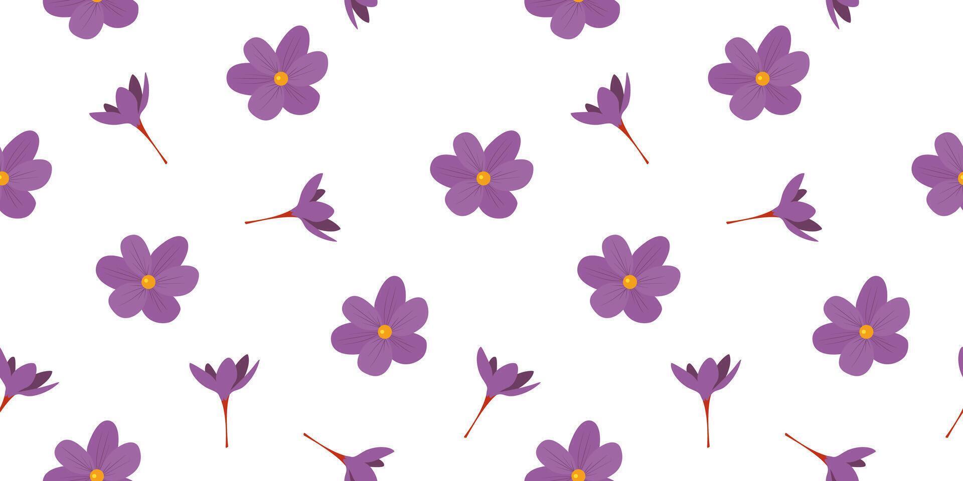Seamless pattern with elegant purple crocuses on a white background. Spring-themed design background. Floral fabric print, flowers wallpaper, textile design. vector